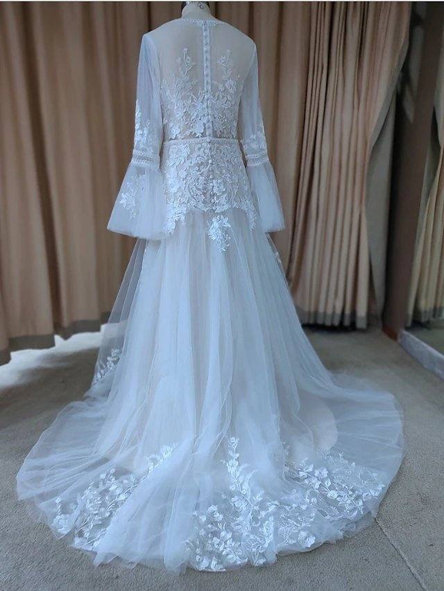 A-Line Wedding Dresses V Neck Sweep / Brush Train Lace Tulle Long Sleeve Beach Sexy Luxurious with Appliques - RongMoon
