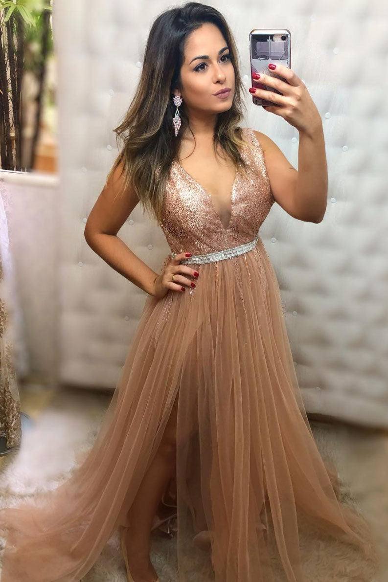 Champagne v neck tulle sequin long prom dress champagne evening dress - RongMoon