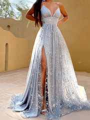 A-Line Glittering Sexy Engagement Prom Dress V Neck Sleeveless Sweep / Brush Train Satin with Pleats Sequin Split - RongMoon