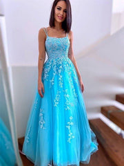A-Line/Princess Spaghetti Straps Tulle Sleeveless Applique Sweep/Brush Train Dresses - RongMoon
