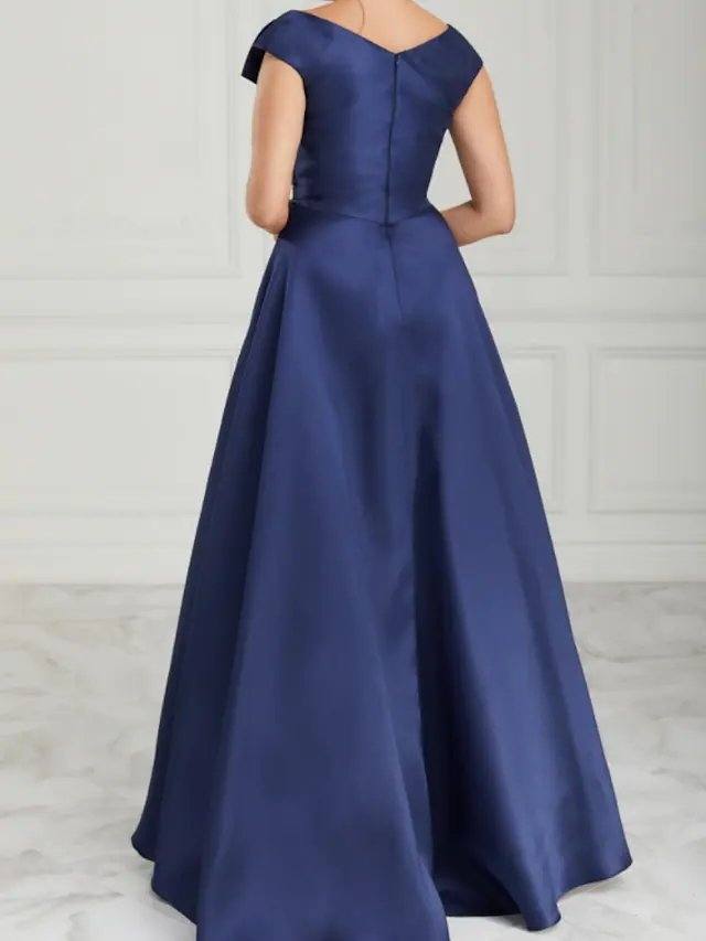 A-Line Mother of the Bride Dress Elegant V Neck Floor Length Satin Sleeveless with Pleats - RongMoon