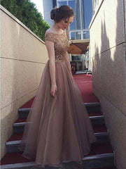 A-Line Bateau Neck Floor Length Tulle / Sequined Bridesmaid Dress with Sequin - RongMoon