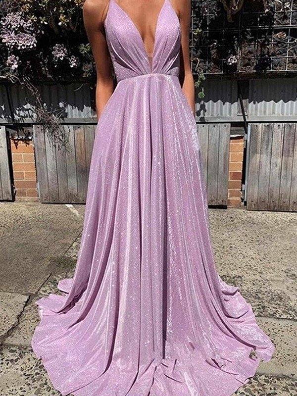 A-Line/Princess V-neck Ruffles Sleeveless Sweep/Brush Train Dresses - RongMoon
