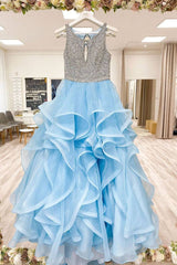 Blue round neck tulle sequin long prom dress blue tulle formal dress - RongMoon
