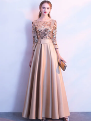 A-Line Glittering Elegant Prom Formal Evening Dress Jewel Neck 3/4 Length Sleeve Floor Length Satin with Sequin