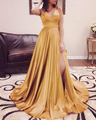 Long Sexy V-neck Cross Back Satin Prom Dresses 2019