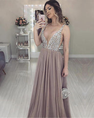 Long Tulle V-neck Prom Evening Dresses Crystal Beaded