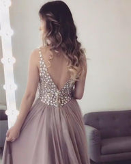 Long Tulle V-neck Prom Evening Dresses Crystal Beaded
