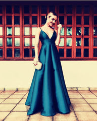 Long Satin Empire Evening Gowns V-neck Prom Dresses 2019