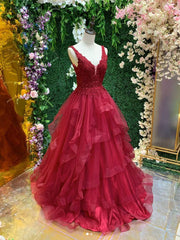 Burgundy v neck tulle lace long prom dress, burgundy evening dress - RongMoon