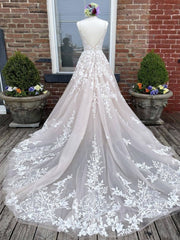 Champagne v neck tulle lace long prom dress lace tulle formal dress - RongMoon
