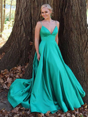 Simple v neck satin long prom dress green tulle formal dress - RongMoon