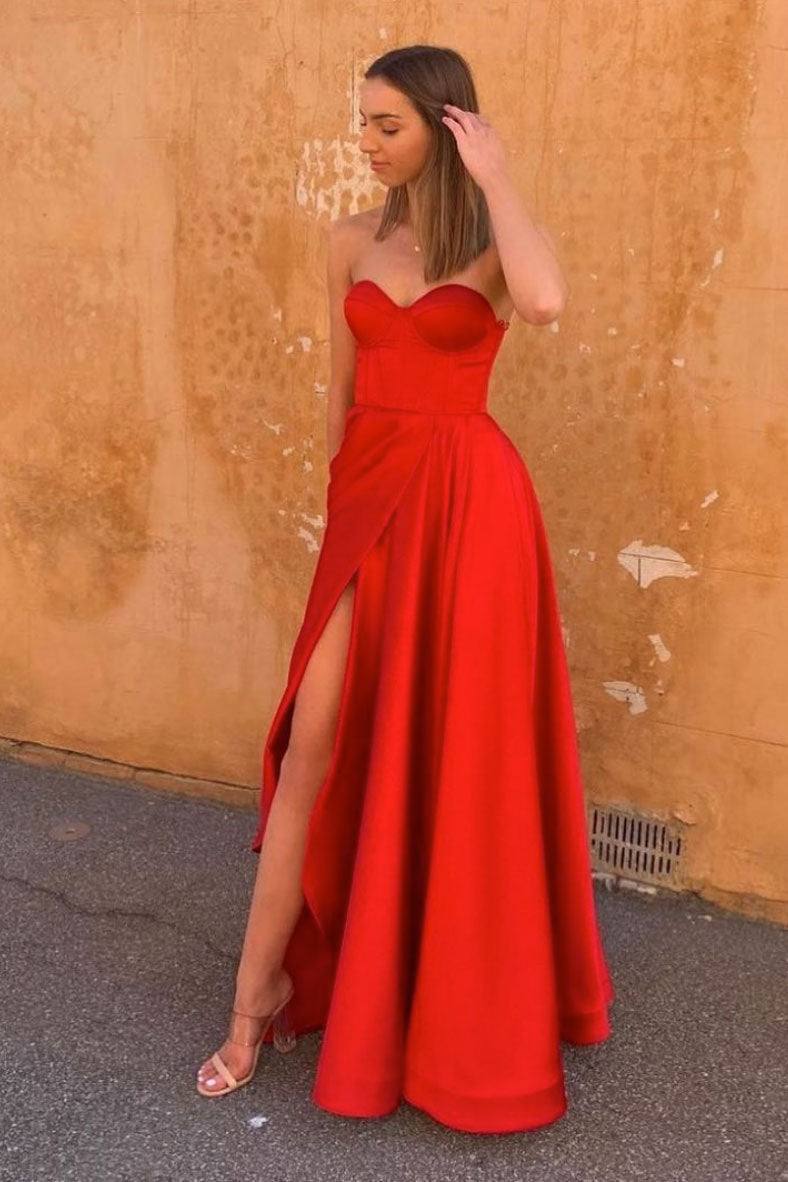 Simple red satin long prom dress red formal dress - RongMoon