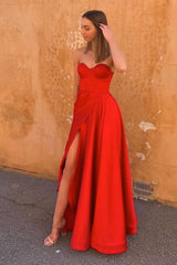 Simple red satin long prom dress red formal dress - RongMoon