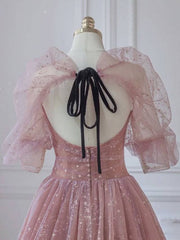 Pink A-line tulle lace long prom dress, pink lace formal dress - RongMoon