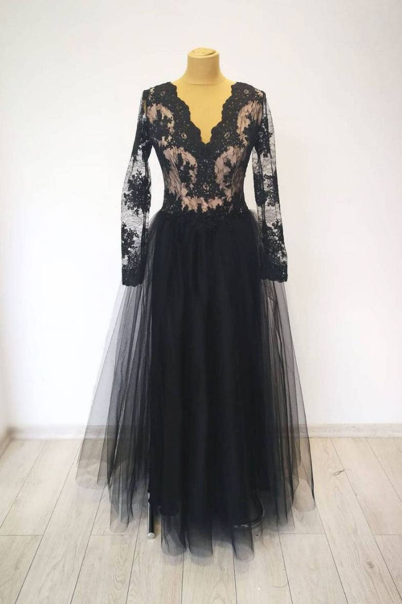 Black v neck lace tulle long evening dress black lace prom dress - RongMoon