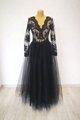 Black v neck lace tulle long evening dress black lace prom dress - RongMoon