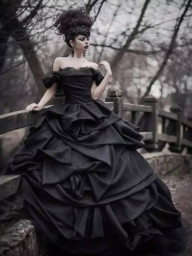 Ball Gown Wedding Dresses Off Shoulder Court Train Lace Tulle Short Sleeve Sexy Black Modern with Lace Cascading Ruffles - RongMoon