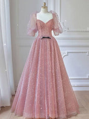 Pink A-line tulle lace long prom dress, pink lace formal dress - RongMoon