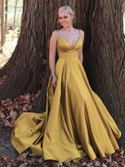 Simple v neck satin long prom dress green tulle formal dress - RongMoon