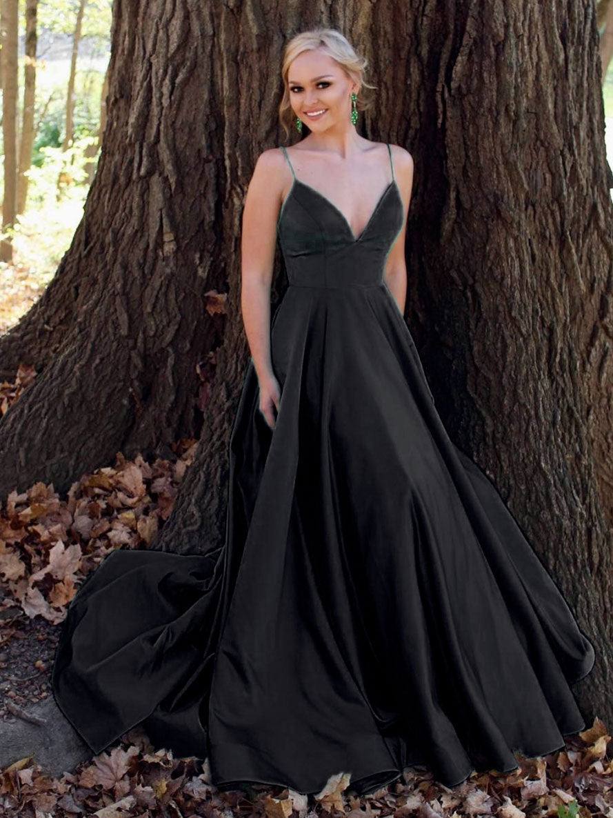 Simple v neck satin long prom dress green tulle formal dress - RongMoon