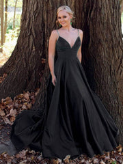 Simple v neck satin long prom dress green tulle formal dress - RongMoon