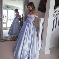 Long Satin V-neck Off Shoulder Prom Dresses Beaded Sashes