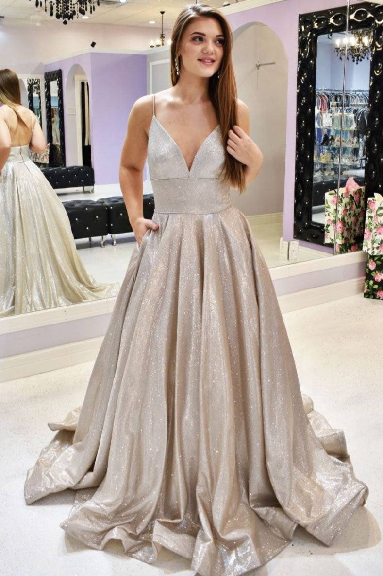 Champagne v neck long prom dress champagne evening dress - RongMoon