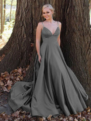 Simple v neck satin long prom dress green tulle formal dress - RongMoon