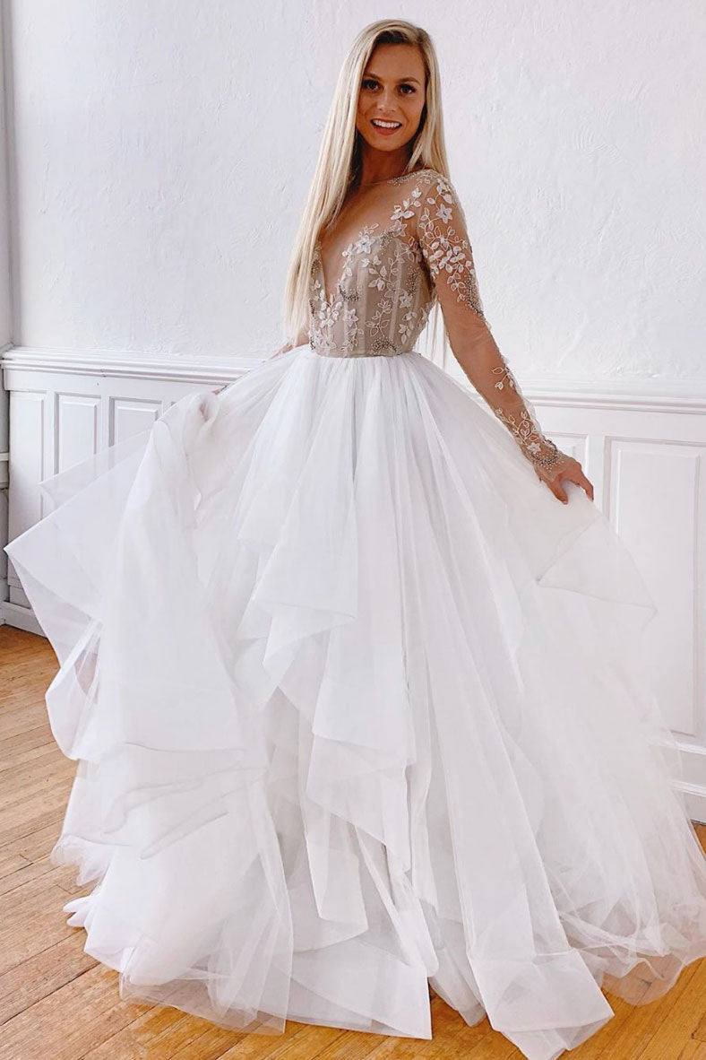 White round neck tulle lace long prom dress white evening dress - RongMoon