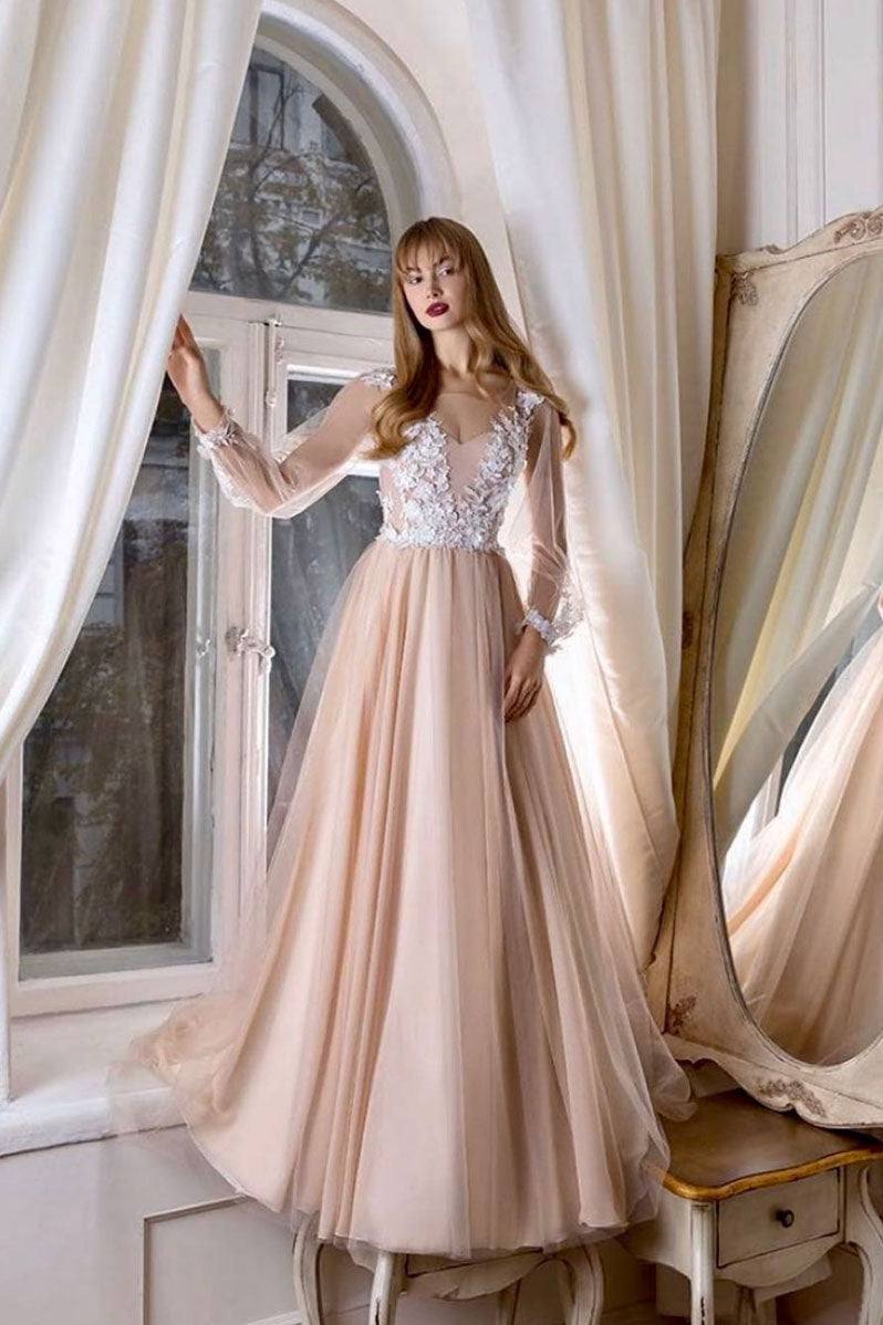 Champagne v neck tulle lace long prom dress tulle evening dress - RongMoon