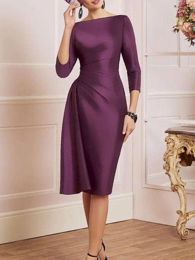 Sheath / Column Mother of the Bride Dress Elegant Off Shoulder Knee Length Satin 3/4 Length Sleeve with Ruching - RongMoon