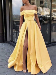 A-Line Minimalist Sexy Engagement Prom Dress Off Shoulder Sleeveless Floor Length Satin with Split - RongMoon