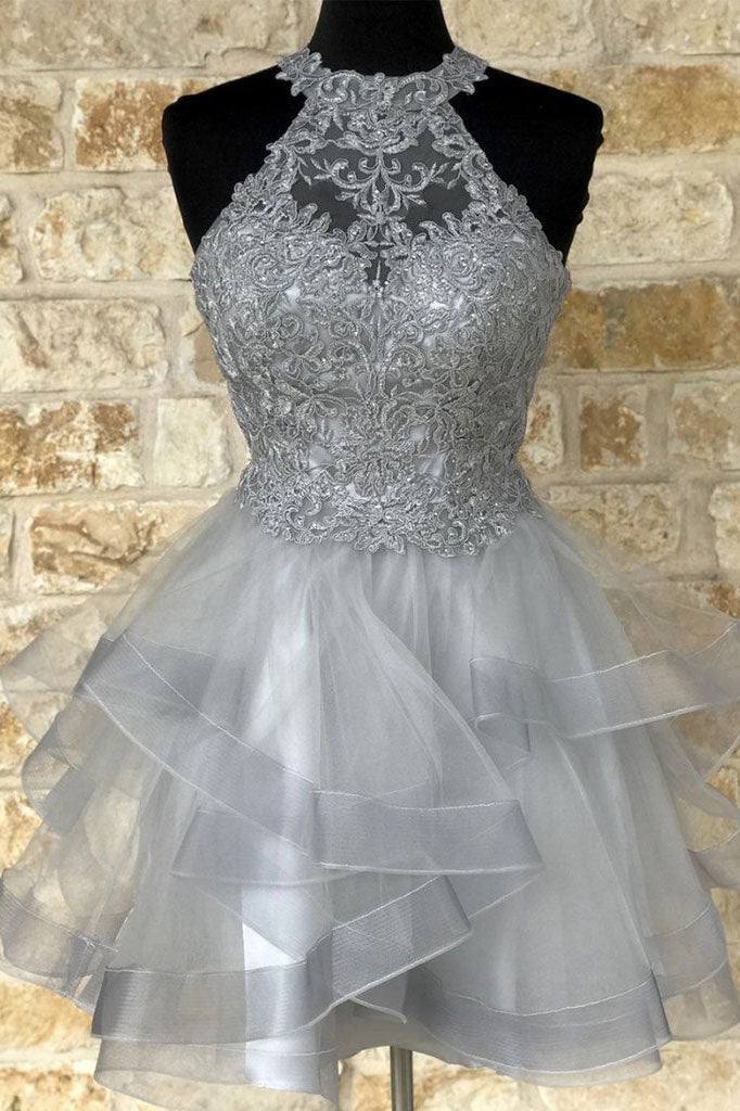 Gray tulle lace high neck short prom dress gray homecoming dress - RongMoon