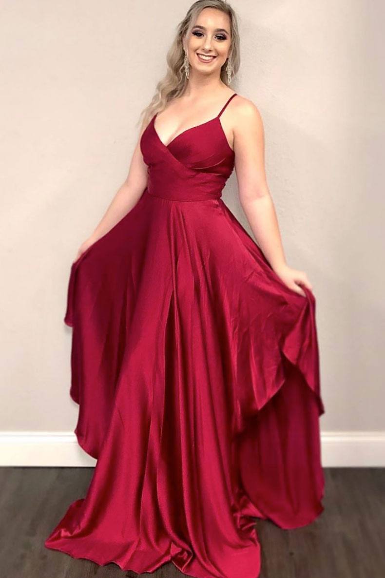 Simple burgundy satin long evening dress long bridesmaid dress - RongMoon