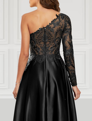 A-Line Prom Dresses Black Dress Party Wear Floor Length Long Sleeve One Shoulder Satin with Slit