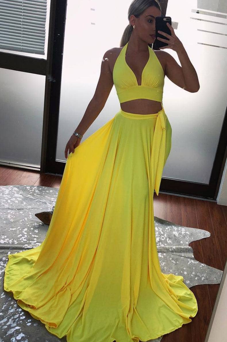 Simple yellow two pieces long prom dress yellow evening dress - RongMoon