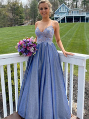 Blue sweetheart neck lace long prom dress lace blue bridesmaid dress - RongMoon