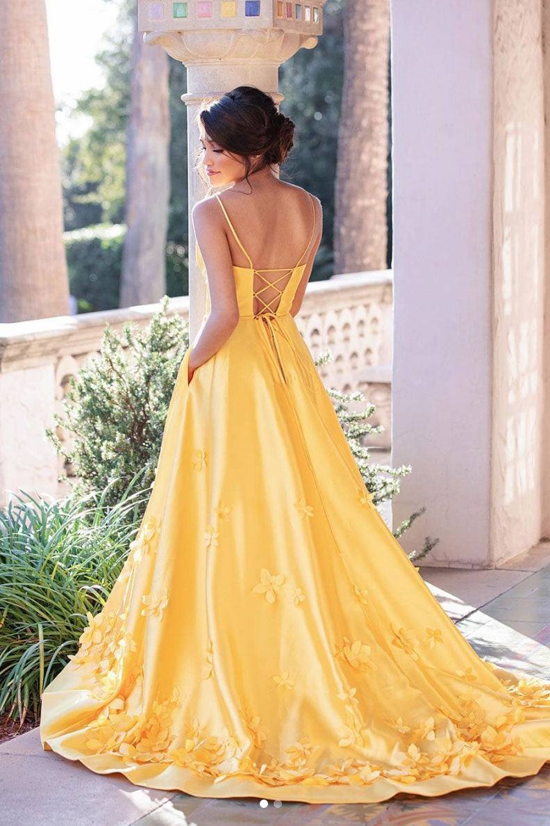 Yellow  satin long prom dress yellow evening dress - RongMoon