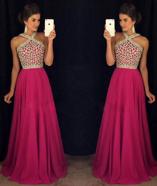 Rose red beaded long prom dress for teens, rose red formal dress - RongMoon