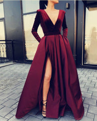 Long Sleeves V-neck Evening Dresses Split Prom Gowns