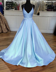 Light Blue Satin V-neck Cross Back Prom Dresses 2019