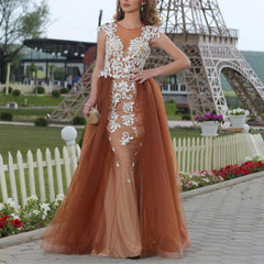 White Lace Appliques Champagne Tulle Mermaid Evening Dresses