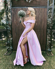 Sexy Off Shoulder Long Pink Prom Dresses Leg Split