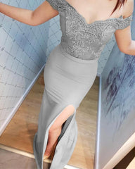 Lace V-neck Off Shoulder Mermaid Split Bridesmaid Dresses