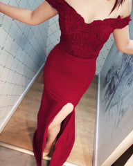 Lace V-neck Off Shoulder Mermaid Split Bridesmaid Dresses