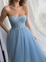 Aline Blue Short Prom Dresses, Sweetheart Neck Tulle Blue Homecoming Bridesmaid Dresses - RongMoon
