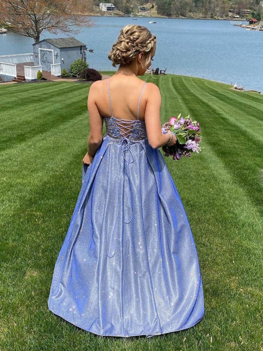 Blue sweetheart neck lace long prom dress lace blue bridesmaid dress - RongMoon