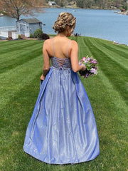 Blue sweetheart neck lace long prom dress lace blue bridesmaid dress - RongMoon