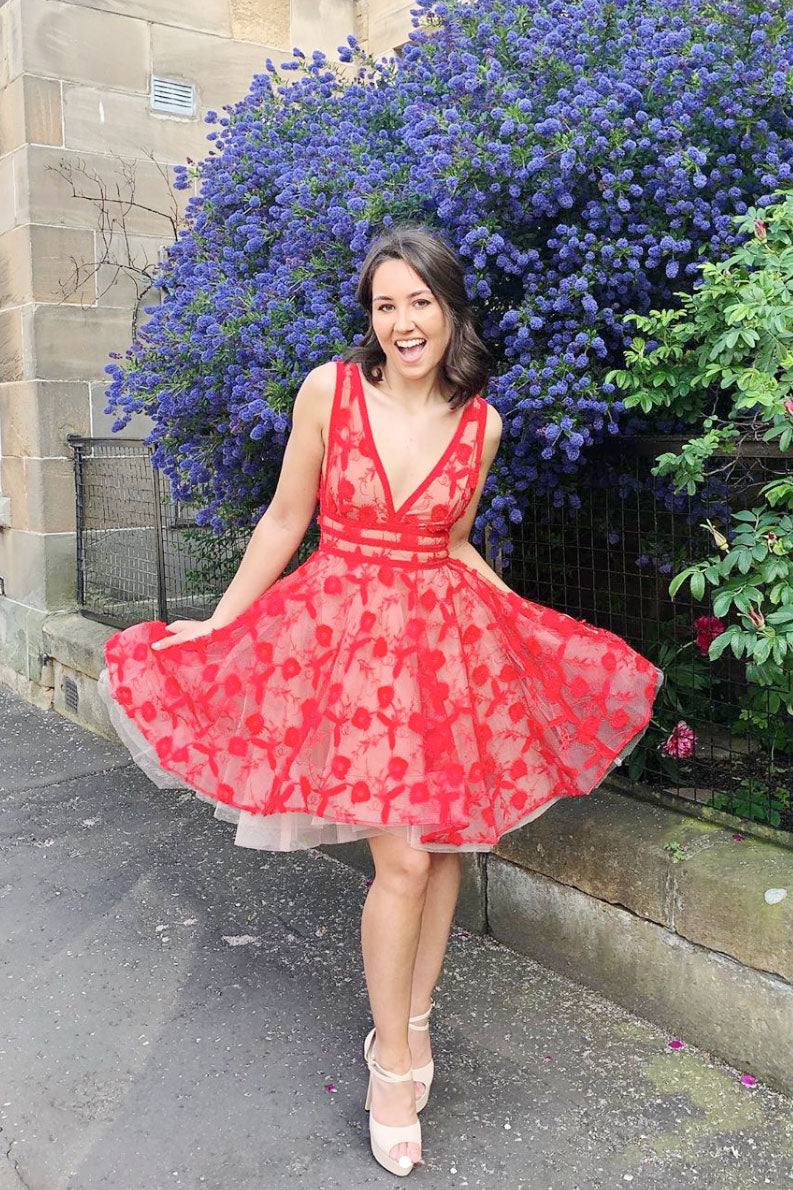 Red v neck tulle lace short prom dress, red homecoming dress - RongMoon